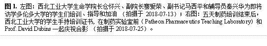 图1. 左图：bat365官网入口bat365官网入口长仓怀兴、副院长骞爱荣、副书记马西平和辅导员秦兴华为即将访学多伦多大学的学生们培训、指导和加油 （拍摄于2018-07-13）；右图：五天制药培训结束后，bat365官网入口的学生手持培训证书, 在制药实验室前（Patheon Pharmaceutics Teaching Laboratory）和Prof. David Dubins一起庆祝合影 （拍摄于2018-07-25）。